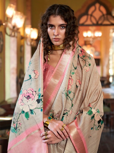 Alluring Dusty Beige Digital Printed Banarasi Silk Function Wear Saree